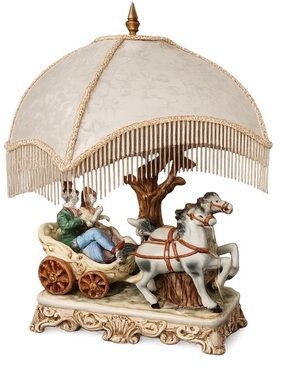 Vintage-Style White Fringe Table Lamp with Horse & Carriage Figurine